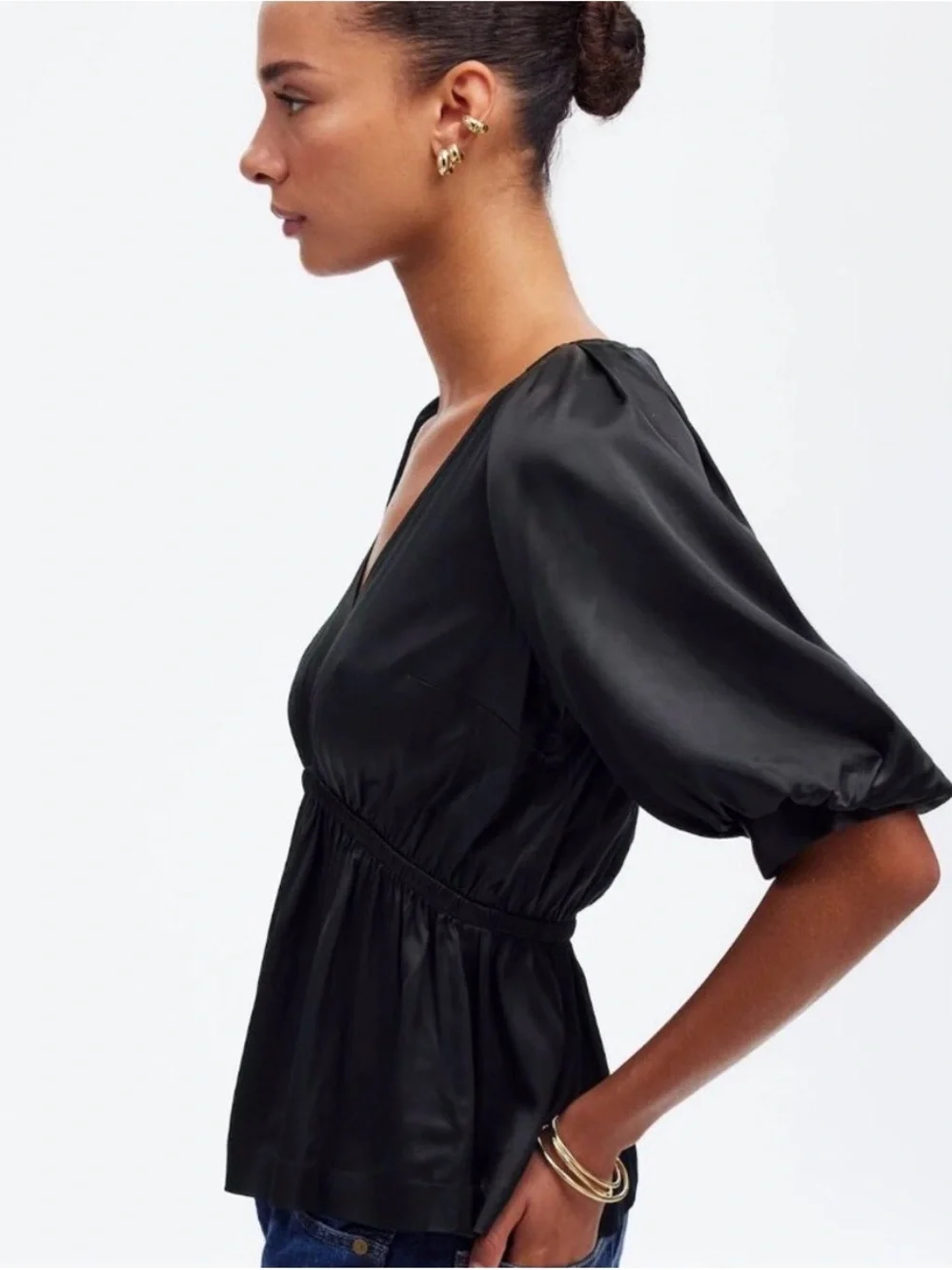 Madewell Women's Black V-Neck Puff Sleeve Top